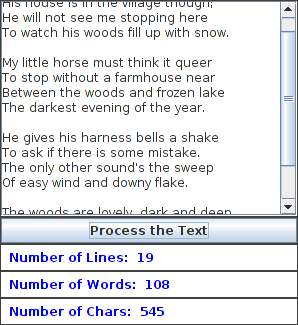 TextCounter program showing some text and the numbers of words, lines and chars